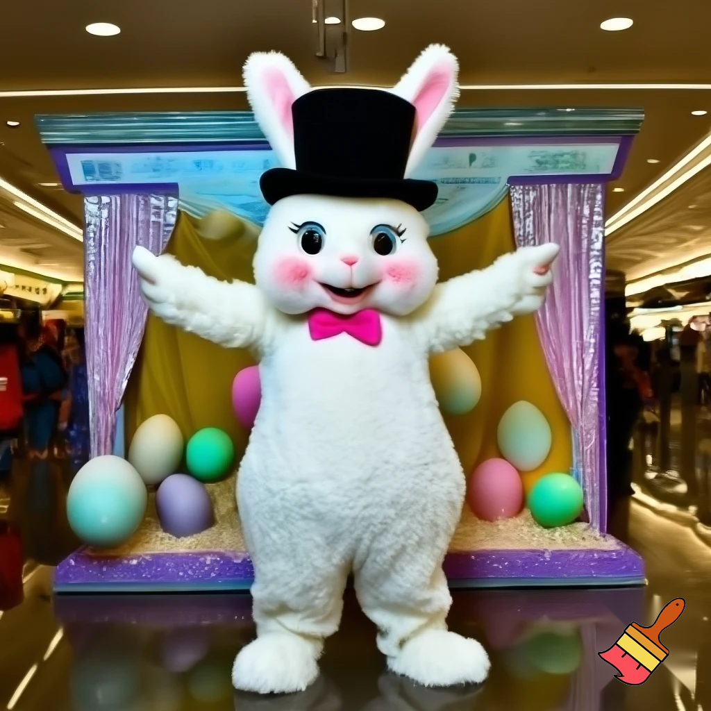 Easter bunny mascot top hat at the shopping centre mascot costume Darrell Lea magic room