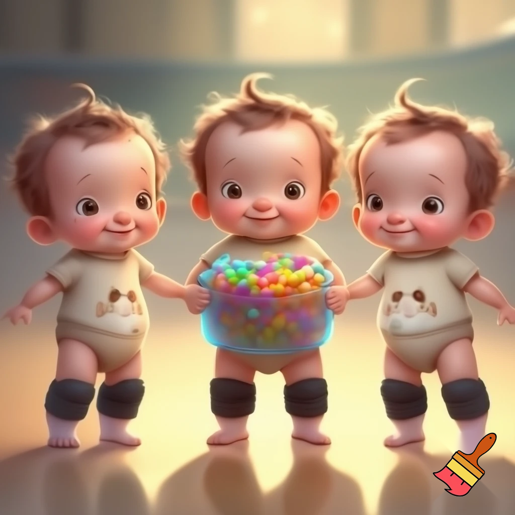 ### 🧸 **Cartoon / Nursery Rhyme Style Prompt**

A cute cartoon illustration of three baby triplets standing together on a shiny indoor floor. Each baby wears a beige puppy-print shirt, diaper, and black knee pads. The baby in the middle holds a colorful candy jar full of rainbow candies, smiling sweetly. The babies have round faces, big expressive eyes, and soft pastel coloring. The background shows a cozy playroom or skating rink with bright lights and soft shading.
**Style:** nursery rhyme illustration, soft pastel colors, hand-drawn look, warm lighting, cheerful and playful mood.

---

