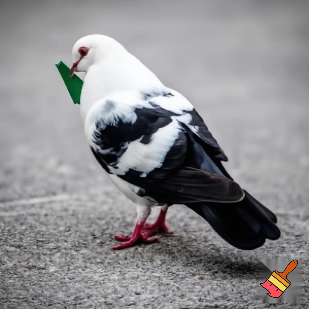 A white and black pigeon writing a mail