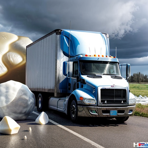 Semi-truck crushed by giant hailstone on top of it