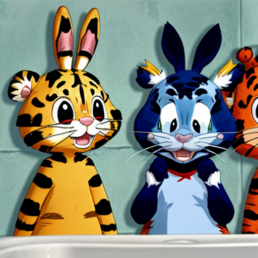 Bugs bunny, Sobble and Scorbunny, Daniel tiger, Shimajiro and Stitch use on the Roman public toilet home USA cartoon