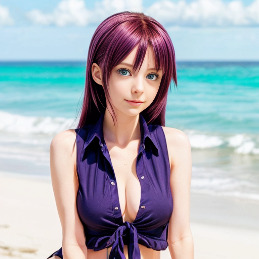 tall shiki ichinose idolmaster anime series blue eyes faded red wine hair+purple unbuttoned shirt+emerald beach bikini+resting on beach+medium distance zoomed-anime girl