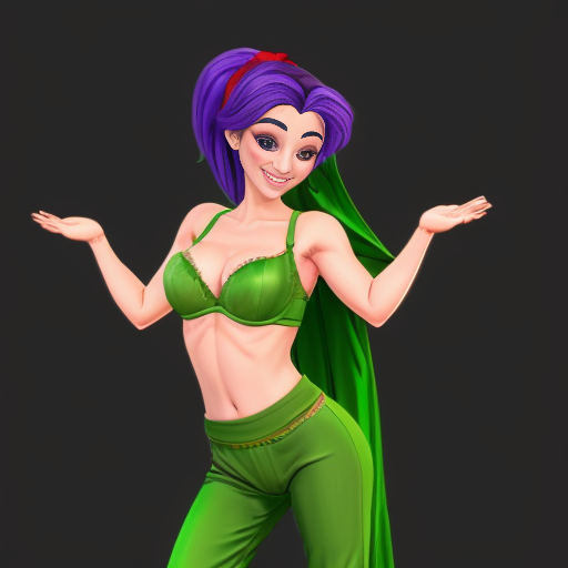 90's disney's 2d aladdin style comic dark black background and panels of 
panel 1 purple haired Ponytail shantae with red harem pants and red bra and red curved slippers with both hand palms place together and hiding the bottom of her mouth with a red veil wrapped around her arms and shoulders. 
panel 2 she danced with red harem pants with red bra and red curved slippers and red veil wrapped around her arms and shoulders and raising legs and bounced up and down her belly and shook her hips left and right. 
panel 3 as Shantae with red harem pants and red bra and curved red slippers spreading her arms, happily revealing her face to the viewer and giving a smile as she turns around shook her butt left and right. Panel 4 as purple haired Ponytail shantae with red harem pants and red bra and red curved slippers started to fading away , except her belly, which is bouncing around. 
Panel 5 then the ball transforms into the fading in belly of green haired Ponytail shantae with light green skin and green harem pants and green bra and green curved slippers and green veil wrapped around her arms and shoulders with her swaying her hips. 
Panel 6 green haired Ponytail shantae with light green skin and purple harem pants and green bra and green curved slippers and green veil wrapped around her arms and shoulders and with her hand palms place together between her chest and she gives a smile and winking her left eye.  