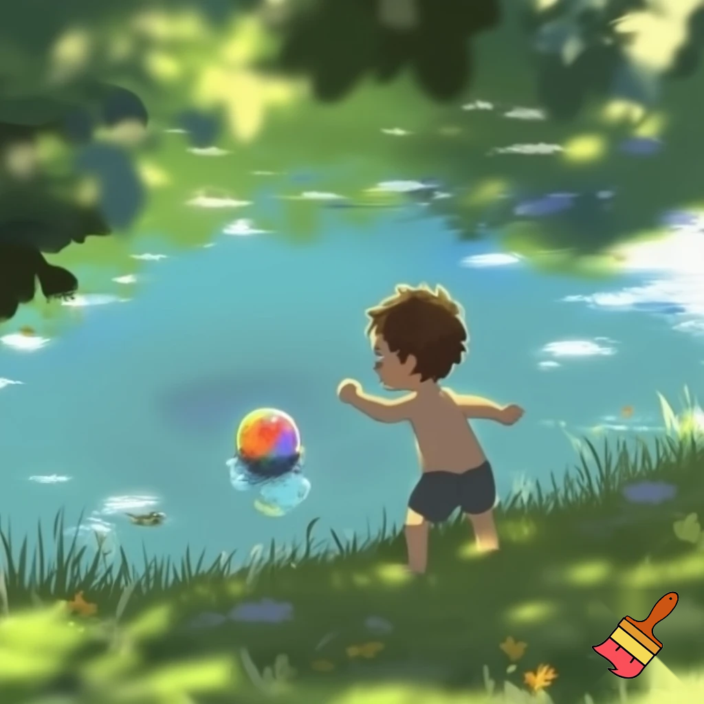a small boy playing with a ball near a pond
