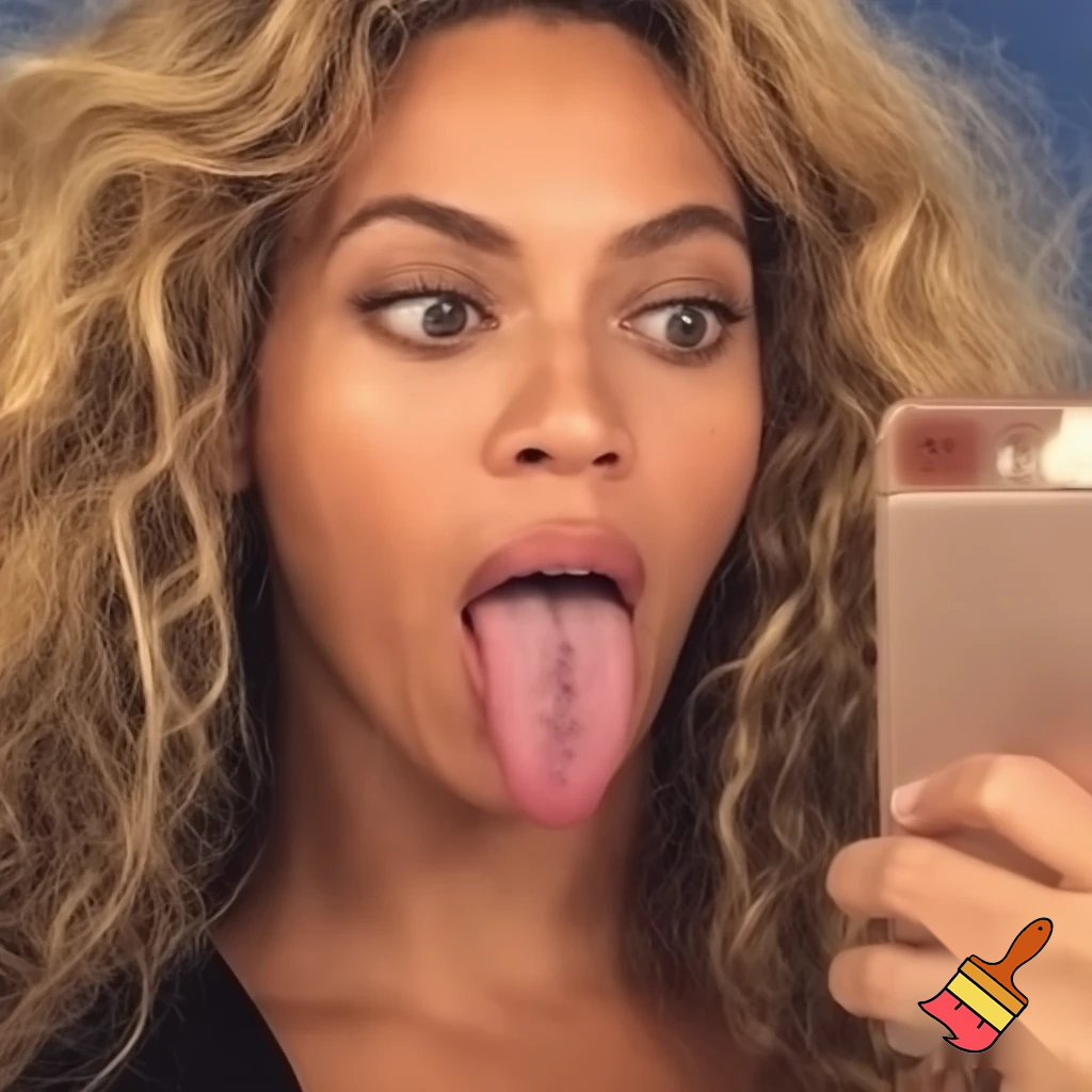 Beyonce selfie showing her long tongue looking at her phone ,horny expression 
