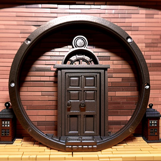  Make a cabin that can be described like this On the outside, the cabin is made of bricks and has a row of smokestacks on the top, making it look like a miniature factory. The door is bronze, thick, and circular, like a vault door, and opens with lots of steam and gears clunking.