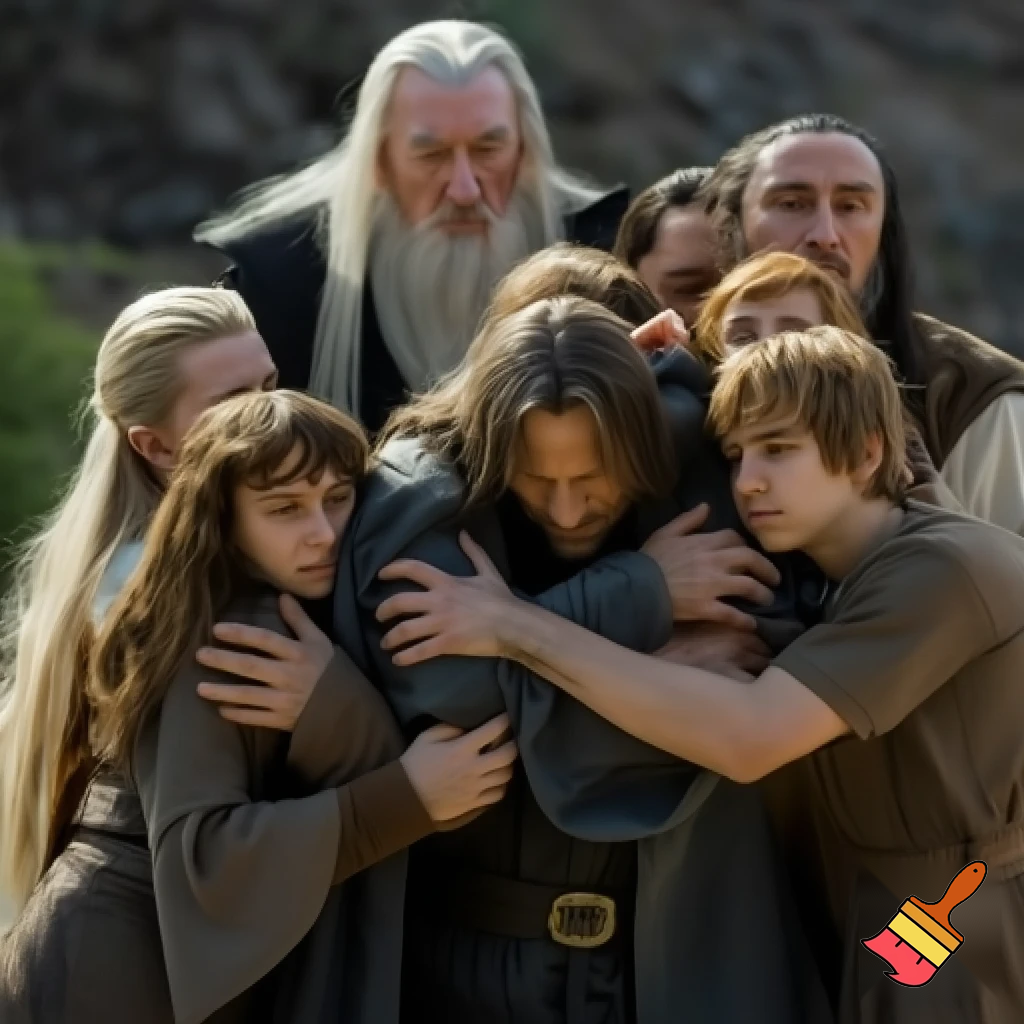 Legolas, Gimli, Aragorn, Smeagol, Frodo, Sam, Pippin, Mary, and Gandalf all hugging each other