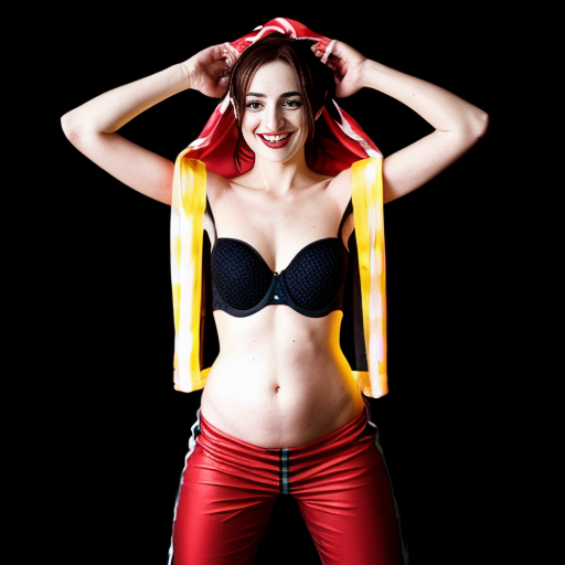 90's disney's 2d aladdin style comic black background and panels of 
panel 1 Harley Quinn with light black and red striped harem pants and bra and black and red curved slippers with both hand palms place together and hiding the bottom of her mouth with a light black and red striped veil wrapped around her arms and shoulders. 
panel 2 she danced with light black and red striped harem pants with light black and red striped bra and red and black curved slippers and with light black and red striped veil wrapped around her arms and shoulders and raising legs and bounced up and down her belly and shook her hips left and right. 
panel 3 as Harley Quinn with light black and red striped harem pants and bra and red and black curved slippers and with red and light black striped veil wrapped around her shoulders and arms and spreading her arms, happily revealing her face to the viewer and giving a smile as she shook her belly left and right. 
Panel 4 Harley Quinn with light black and red striped harem pants and bra and black and red curved slippers and with light black and red striped veil wrapped around her shoulders and arms has started to fading away , except her belly, which is bouncing around and growing. 
Panel 5 then the ball transforms into the fading in belly of Giant red haired giganta barefoot with dark yellow spotted yellow harem pants and bra and dark yellow spotted yellow veil wrapped around her arms and shoulders with her swaying her hips. 
Panel 6 red haired giganta barefoot with dark yellow spotted yellow harem pants and bra and dark yellow spotted yellow veil wrapped around her arms and shoulders then she is flexing her muscled arms