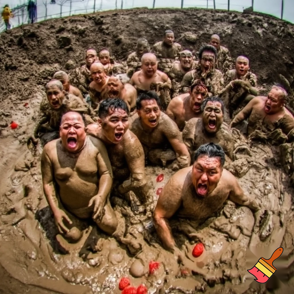 26 fat men sliding in a mud pit with mouth open with jelly