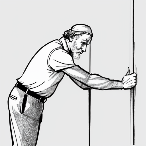 Make a easy to draw sketch of an old Leonardo da vinci leaning on a wall