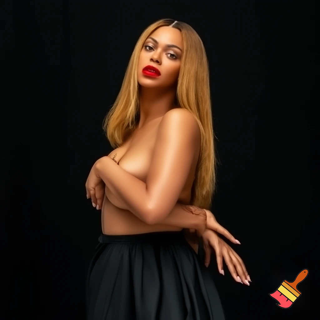 Beyonce with honey blonde hair  wearing red lipstick wearing nipples covers photoshoot, she is posing in a black background ,she is also wearing a long black skirt, add a text saying "baddest girl " ,close up