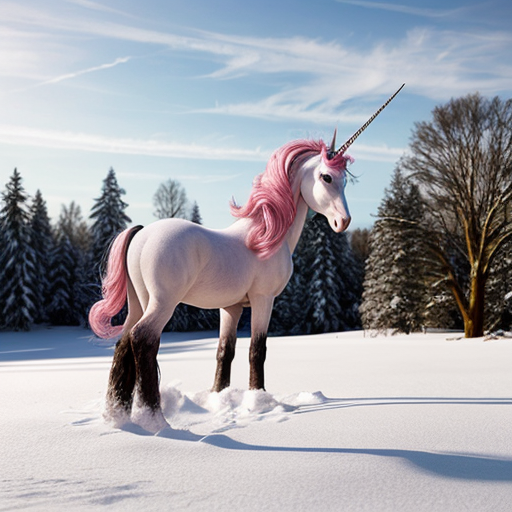 pink unicorn in a snowy field, photorealistic