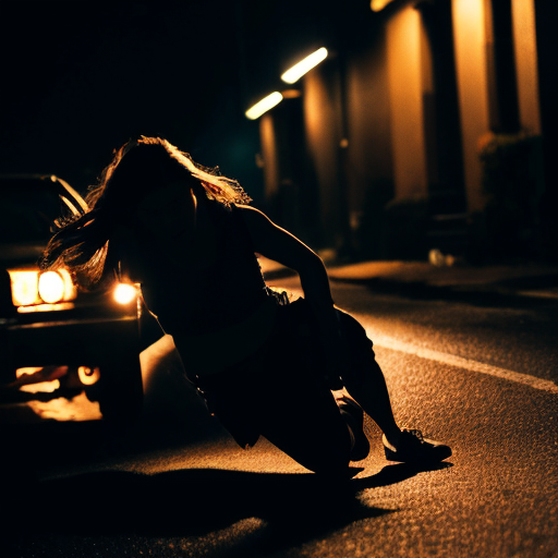 A dramatic action scene at night. A young woman lunges forward, pushing a man out of the path of an oncoming car. The car speeds past with motion blur and bright headlights cutting through the darkness. The woman’s expression is intense and determined, the man shocked mid-fall. The glowing vintage watch in her hand has just gone dark. Strong cinematic lighting, high contrast, dynamic motion, emotional intensity, ultra-realistic, 4K, film still, dramatic shadows.