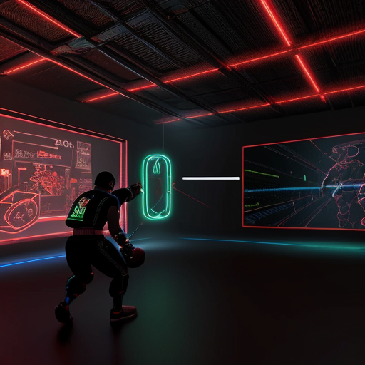 Futuristic AI-powered smart boxing bag, cyberpunk aesthetic, black carbon fiber and kevlar body, glowing 360° holographic LED impact zones, dynamic light pulses reacting to invisible strikes, advanced biomechanical sensor network visible beneath semi-transparent outer layer, floating digital HUD interface projections around the bag, high-tech combat training environment, dark neon gym, blue and red rim lighting, cinematic cyberpunk atmosphere, ultra detailed, hyper realistic, 8k, volumetric lighting, dramatic shadows, concept art, Unreal Engine render
