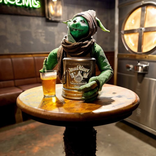 a grotesque, photorealistic dive bar frozen in time—peeling wallpaper stained with decades of smoke and spilled liquor, broken furniture piled like carcasses in the corners, a single flickering bulb casting jaundiced light. Front and center, a nightmare scarecrow slouches on a stool, its burlap face split by a stitched grin, cornstalk fingers wrapped around a bottle of Jack Daniels, tendrils of hay spilling from its rotting chest cavity where whiskey drips into exposed ribs. Beside it, three 1950s-era hazmat suits—faded yellow rubber, cracked visors fogged with condensation—lean drunkenly against the bar, gloved hands clutching martini glasses filled with neon-green sludge. A hunchbacked goblin with pustular skin and jagged teeth perches on a keg, chugging a foaming beer that spills down its chin onto a taxidermied rat hanging from its necklace. Towering over them all, a corroded bronze statue of Satan rises from the debris, one hoof resting on a toppled jukebox, its leering face tilted as if amused by the decay. The air is thick with the ghosts of a thousand bad decisions
