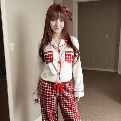a anime girl with red plaid red pajama pants and white shirt standing up


