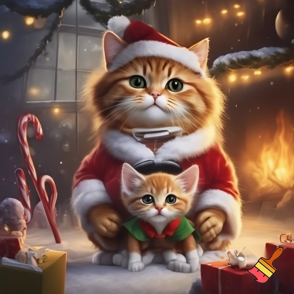 A cat in a Santa Claus costume, elf kittens in the background