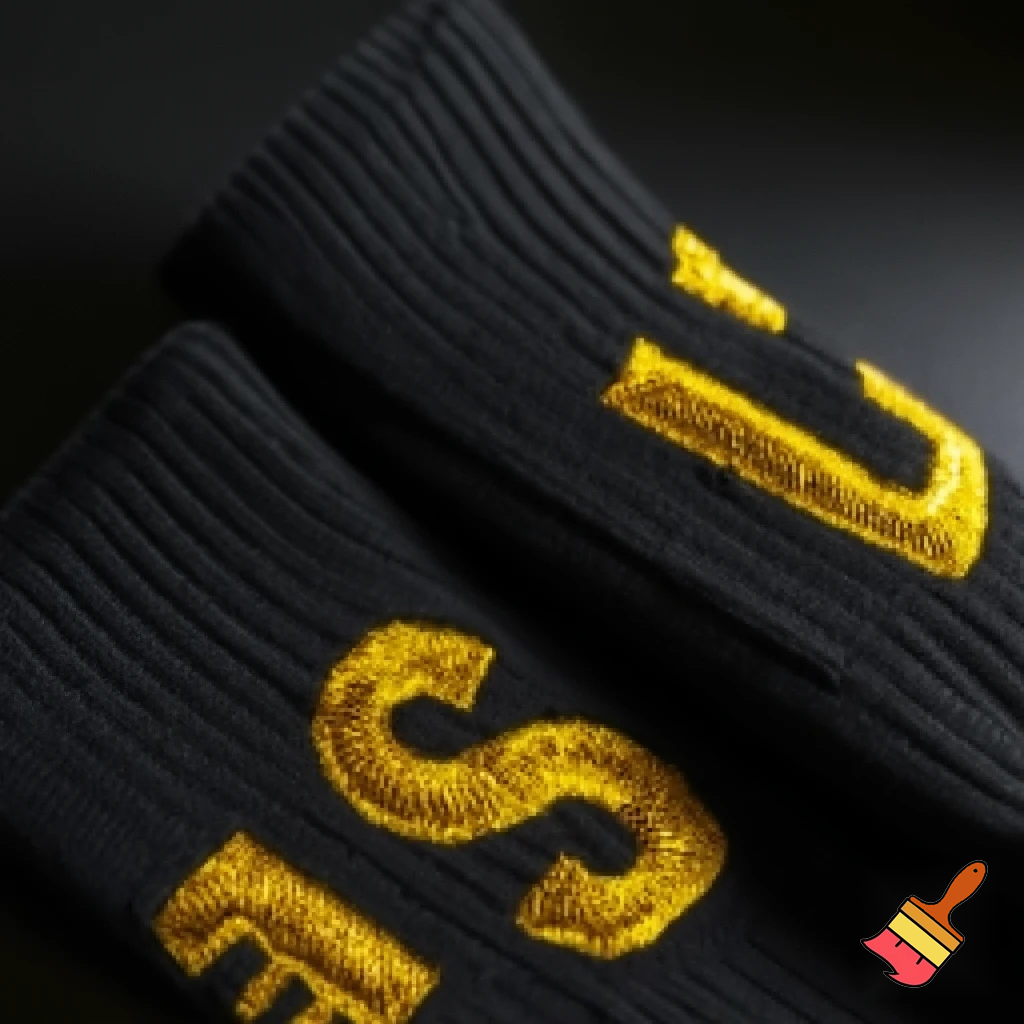 black crew socks with S, L and C in gold-yellow on each sock