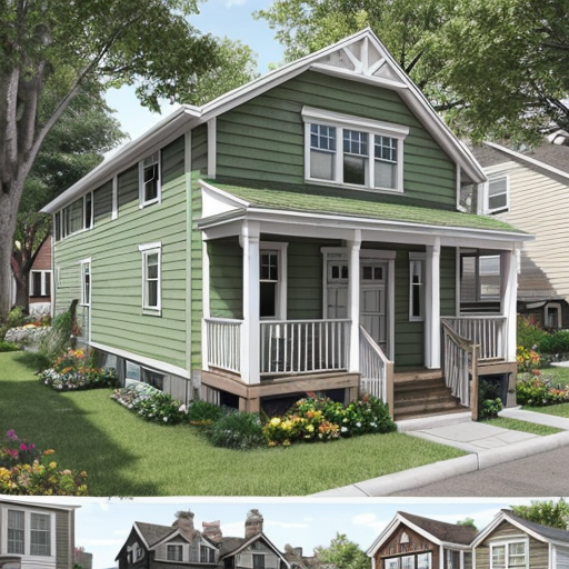 Generate a suburban neighborhood with one main rectilinear street and smaller, local streets separating off of it in a curved, varied manner. The urban space should have small street blocks with 5 or 6 uniform rectangular parcels and an interstate highway running along the edge of the neighborhood. Parcels should contain small square buildings and green garden areas behind them. Buildings should be mainly vernacular residential buildings (small homes) of about 2-3 floors with 2 or three small-scale commercial businesses on every other corner along the main street. Show entire neighborhood