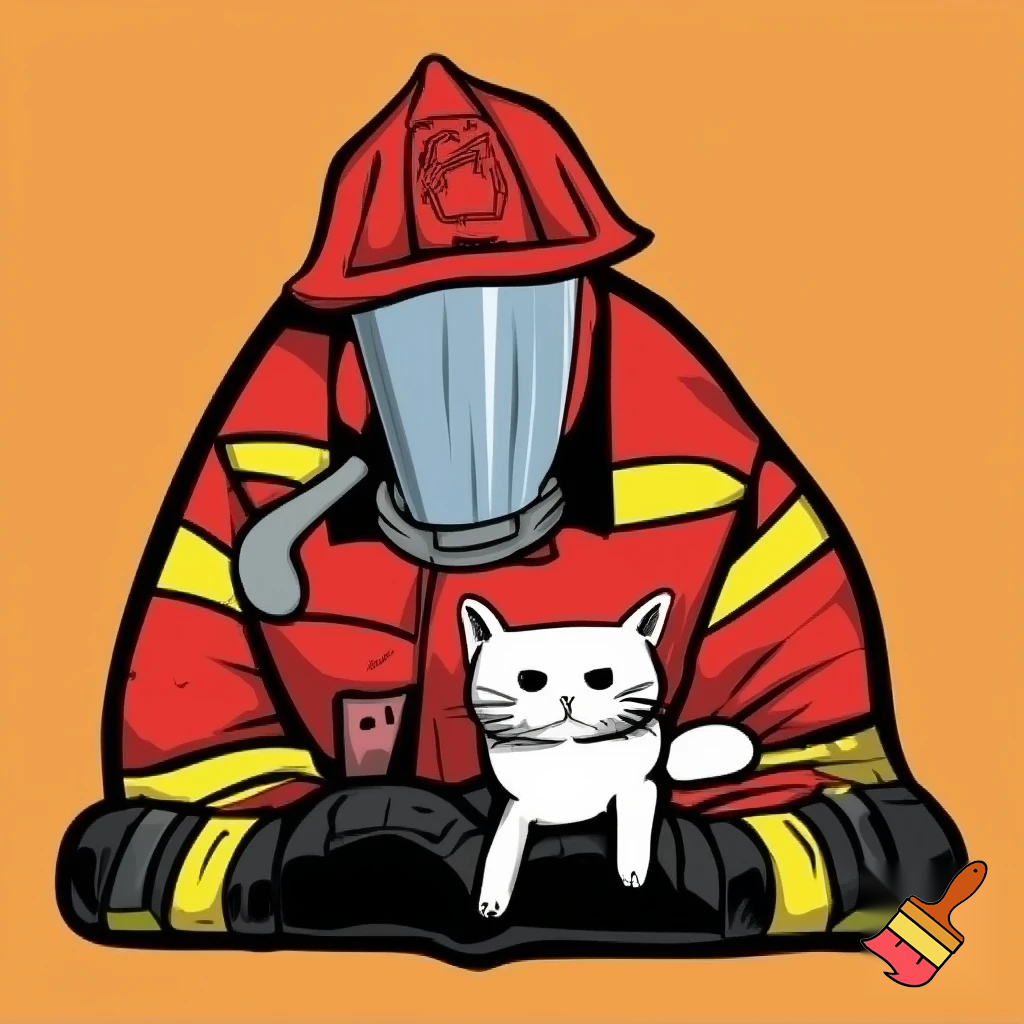 A fireman with a white cat