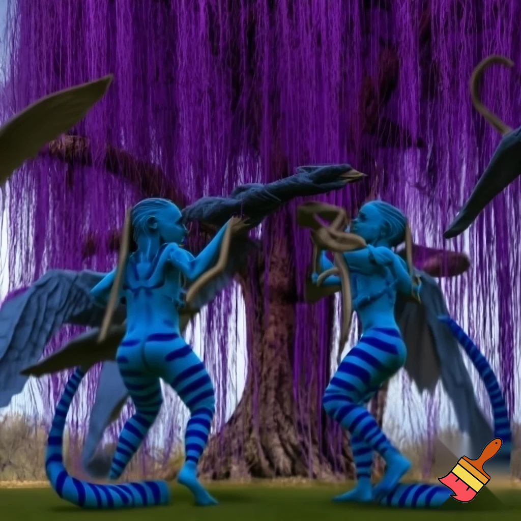 create a clan of 10 foot tall blue humans with tails and different shades of blue stripes and fly of massive creatures and creature and a massive tree that looks like a willow tree but is purple and glowing that the humans can attach a braid in their hair to the long flowy rope like branches of the tree
