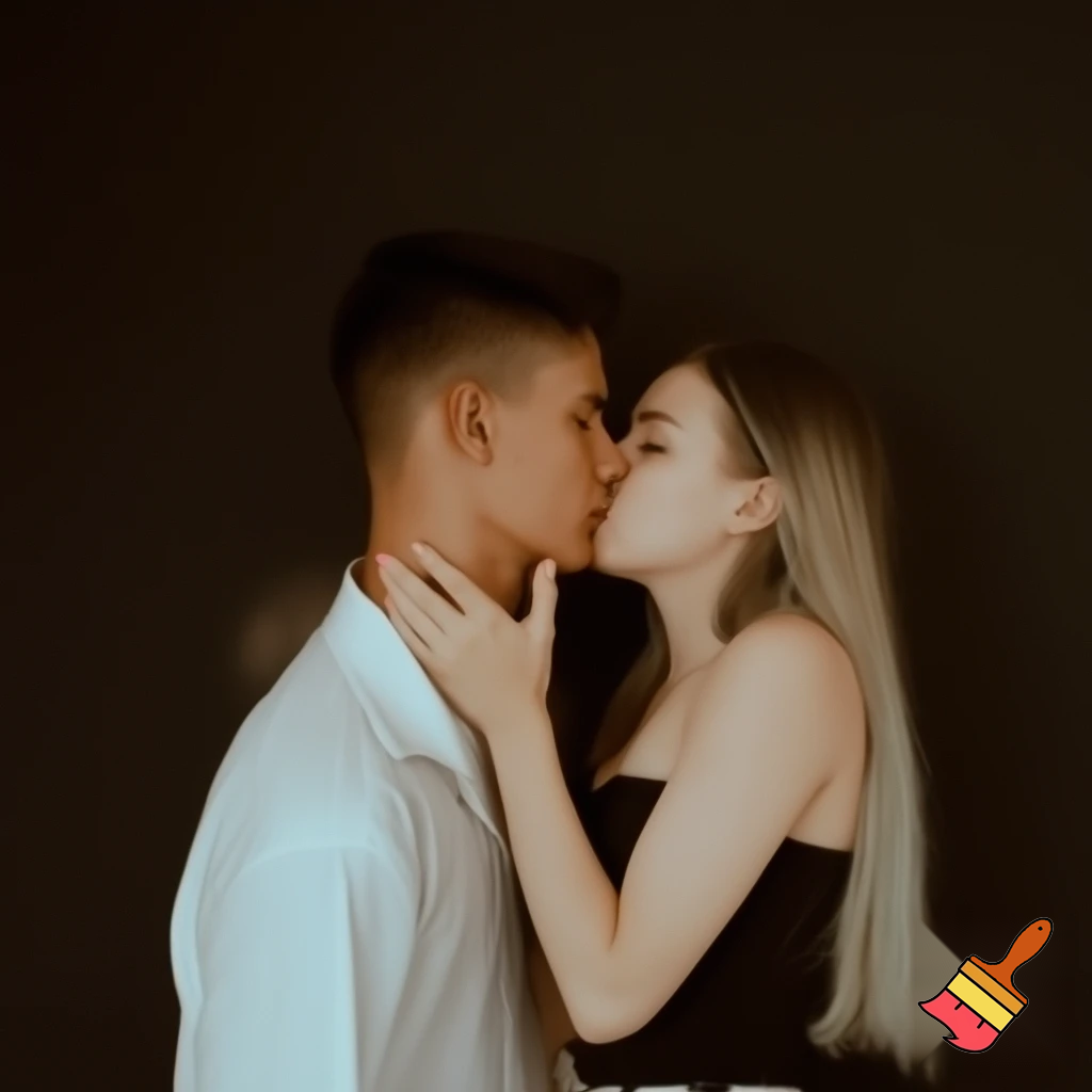 A women kissing lips here man the women is without drees
