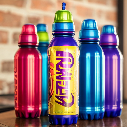 an energy drink bottle for boosterade  the plastic bottle is blue yellow and pink 
