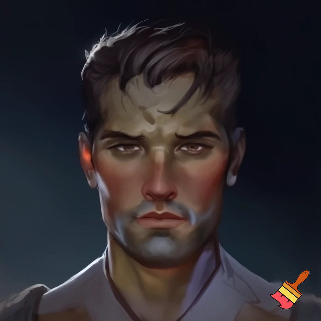 HANDSOME YOUNG MAN
 Age: 24 years old (at the beginning of the story) 

Appearance: 

Height/Build: Tall (about 190cm), athletic, powerful build bearing the marks of constant training and heavy armor. 

Hair: Dark brown, almost black, cropped short, but with an unruly strand falling over the forehead. There are the first, barely noticeable gray threads on the temples. 

Eyes: Dark brown, almost black. His gaze is heavy, piercing, accustomed to assessing the threat. In rare moments of peace, you can see fatigue and a shadow of the old warmth in them. 

Face: Sculpted, sharp features. A straight nose, a strong chin, thin lips that rarely stretch into a smile. His face is riddled with scars: the most noticeable one is on his jaw. 

Distinctive features: The habit of clenching his jaw in moments of tension; a scar on his jaw; a steely bearing that betrays a military man even without armor.