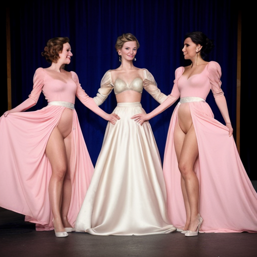 cinderella in a pink gown, having her dress ripped apart by two elegant women in untouched gowns. full body view. The two elegant women are enviously tearing pieces of the pink gown off. The bodice of the pink gown has a large tear, a sleeve is missing, and there are multiple significantly large tears in the skirt. Both jelouse women are currently ripping a piece of the skirt off.
