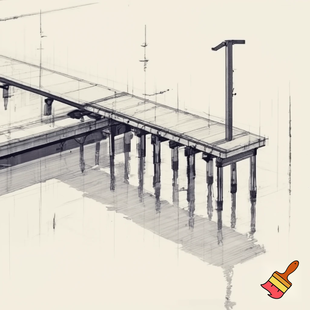A construction sketch of a dock with 18 pilings and a T shaped end over a small pond for