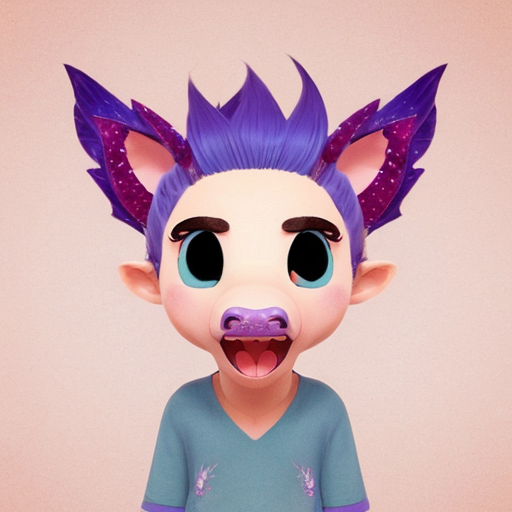 make me a dragon 2 tiny wings, fire breathing, diamond sparkle scales, purple tounge, tufted hair on head, long tail with short barbs, small eyes with hairy eyebrows, large snout with large nostrils