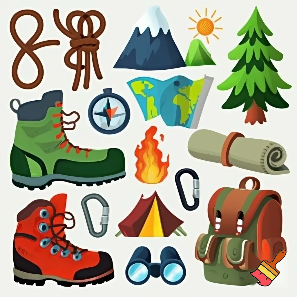 icons of nature exploration in cartoon style : climbing shoe, figure 8 knot, fir tree, mountain, campfire, tent, carabiner, compass, backpack, world map, hiking shoe, binoculars