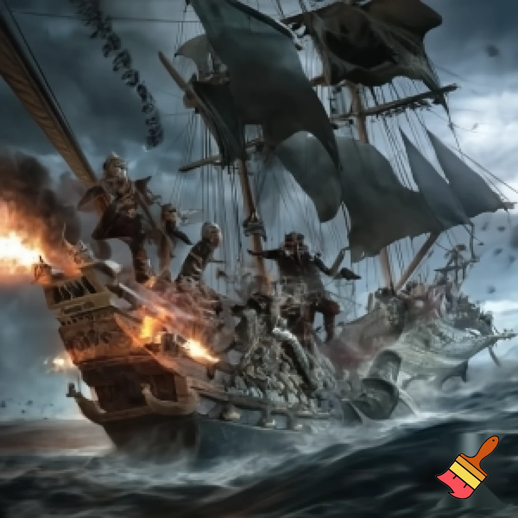 Pirate ship with pirates attacking another ship. Firing cannons and guns. Long cutlasses, peg legs and eye patches
  
