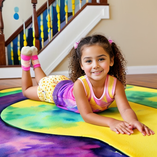 A girl lying down on the soft colourful Stairs wearing summer pink vests and purple shorts and yellow socks in indoor playground age 5 - 10