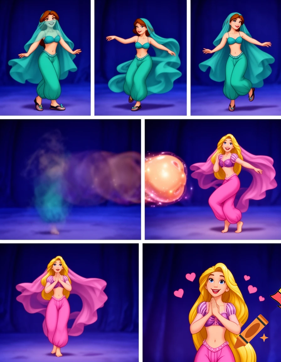 90's disney's 2d aladdin style comic dark blue background and panels of panel 1 anna  with teal harem pants and teal bra and teal  curved slippers with both hand palms place together and hiding the bottom of her mouth with a teal veil wrapped around her arms and attached to her head. 
panel 2 she danced with teal harem pants with teal bra and teal curved slippers and with a teal veil wrapped around her arms and shoulders and raising legs and bounced up and down her belly and shook her hips left and right. 
panel 3 as anna with teal harem pants and teal bra and teal curved slippers and with a teal veil wrapped around her arms and shoulders then spreading her arms, happily revealing her face to the viewer and giving a smile as she turns around shook her belly left and right. 
Panel 4 as anna with teal harem pants and bra and teal curved slippers with a teal veil wrapped around her shoulders and arms started to fading away , except her belly, which is bouncing around. 
Panel 5 then the ball transforms into the fading in belly of blonde haired rapunzel barefoot with pink harem pants and pink bra and pink veil wrapped around her arms and shoulders with her swaying her hips. 
Panel 6 rapunzel barefoot with pink harem pants, pink bra and pink veil wrapped around her arms and shoulders and with her hand palms place together between her chest and she gives a smile and blowing kisses at viewer.  