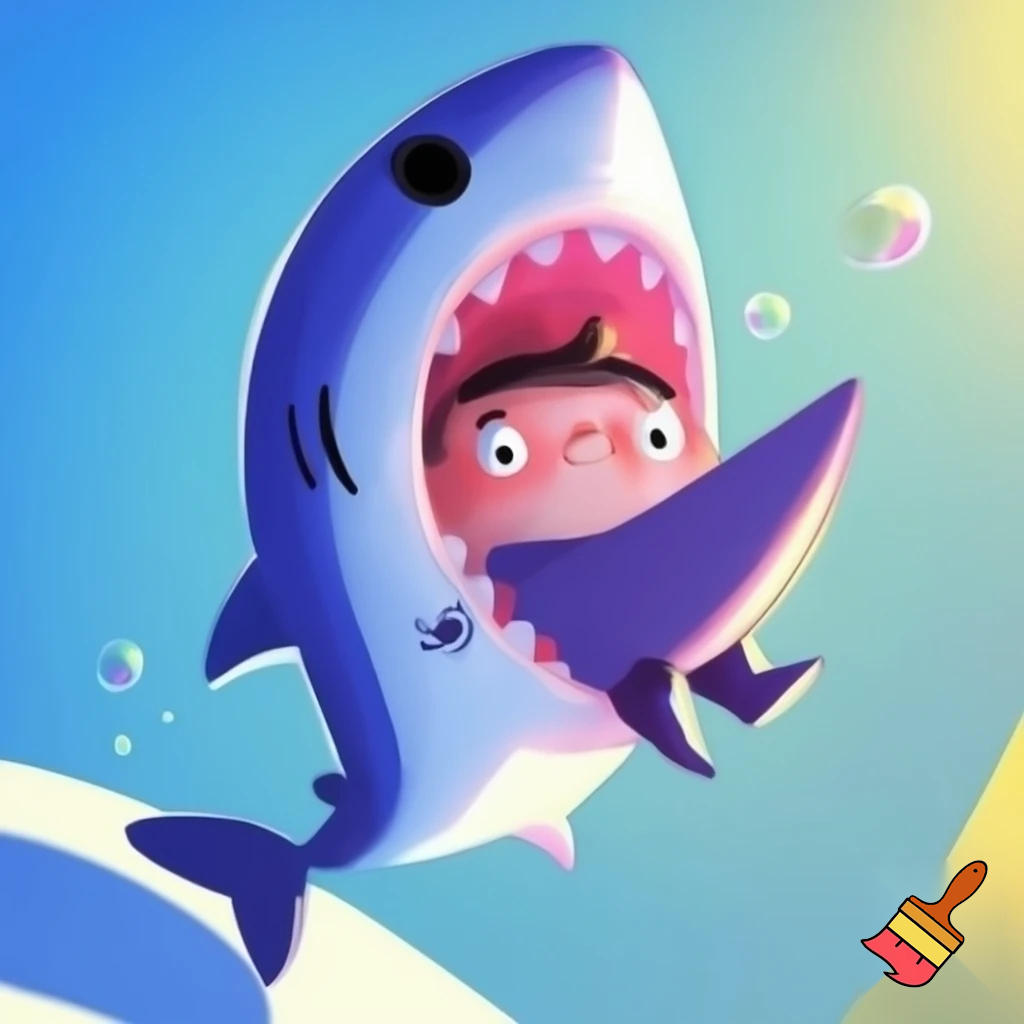 Animated gif of a man being swallowed whole by a shark. Cartoon, very cute.