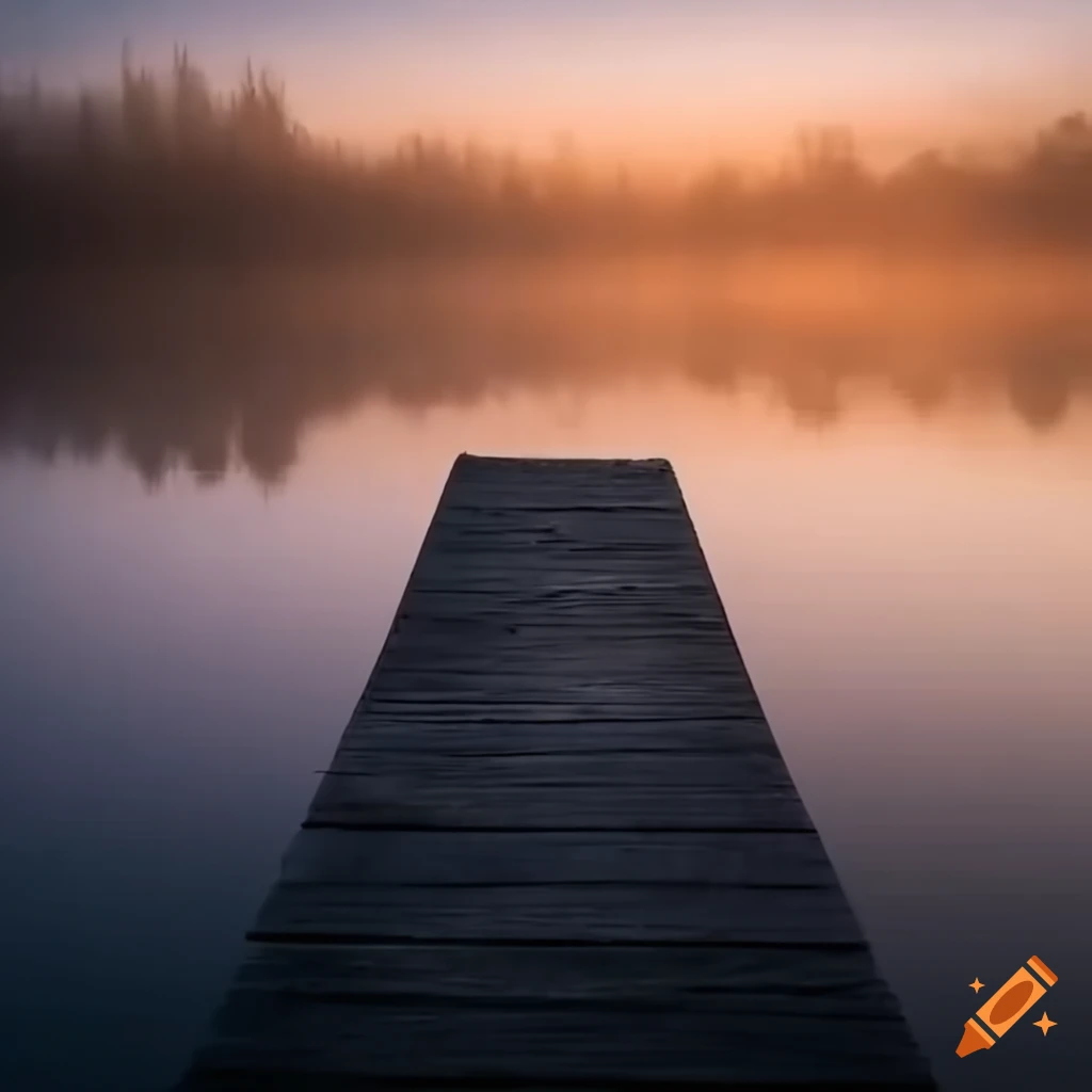 cinematic picture of a wooden tackle box on a wooden dock over water in the morning fog during sunrise