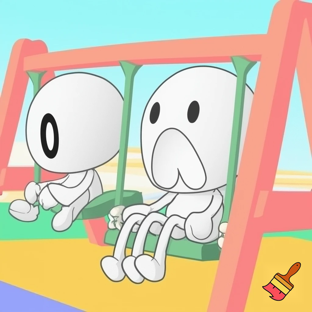 simple 2D cartoon character style, clean shapes, exaggerated expressions, thin noodle arms and legs, large oval eyes, flat shading, pastel background colors, soft outlines, smooth line-art, minimal details, kid-friendly comedic style, scene in a playground, characters sitting on a swing, one character in the foreground reacting with a shocked exaggerated face, frame composition similar to animated story cartoons