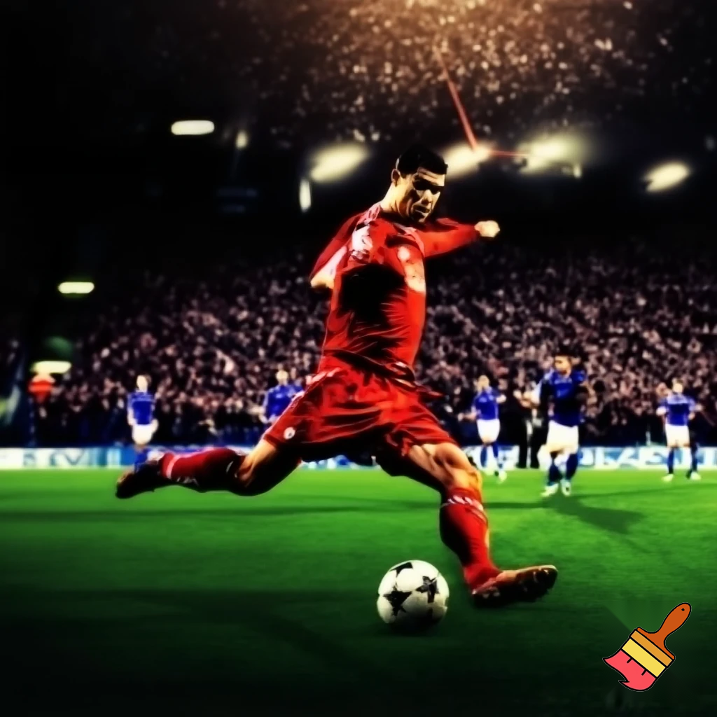 Ronaldo playing for Liverpool kicking a ball in the champions league against Everton