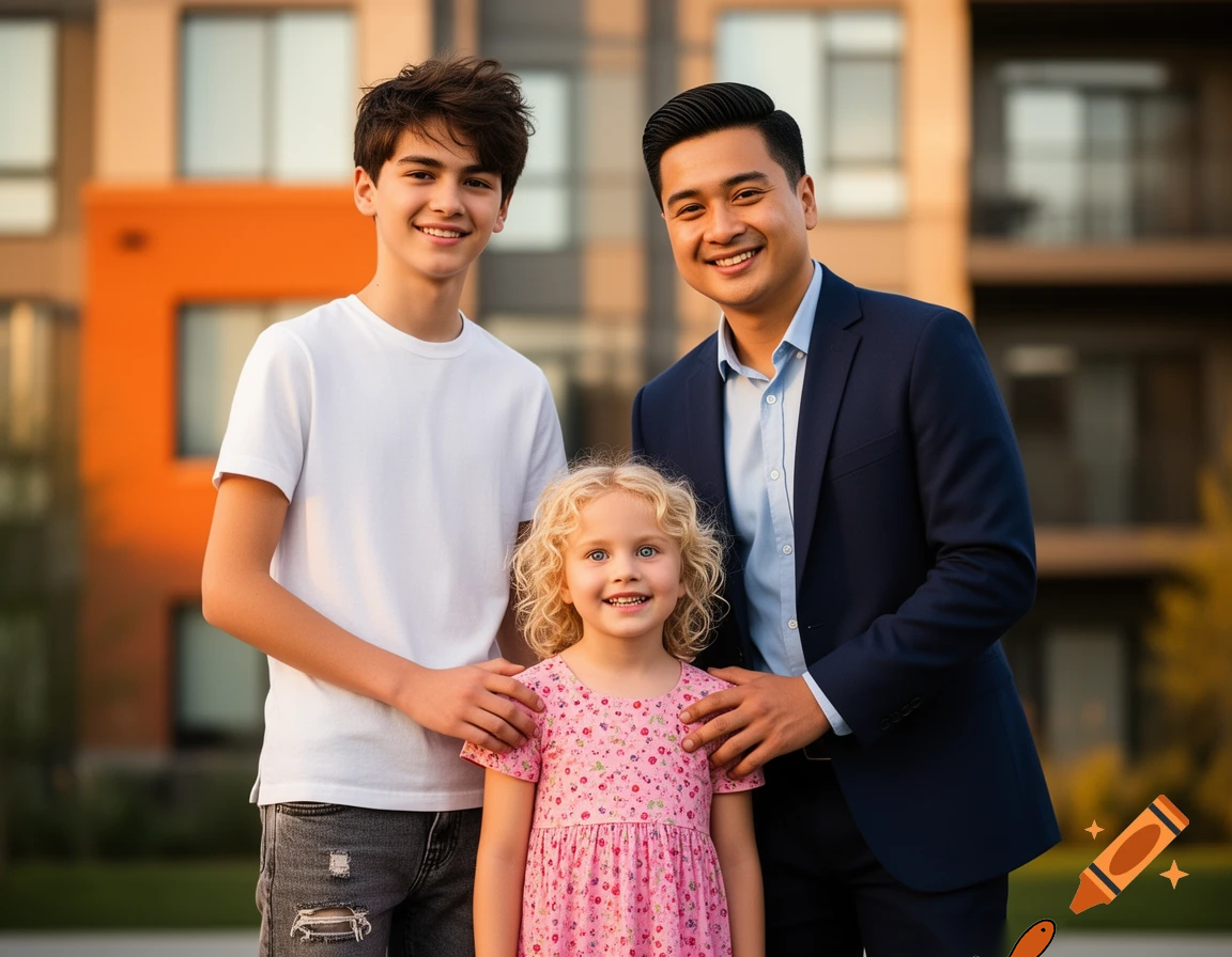 barbie that is 3 years old and ken who is 15 and a 29 year old father who is a teacher with black hair and is very handsome and all together for a family photo in front of a apartmennt