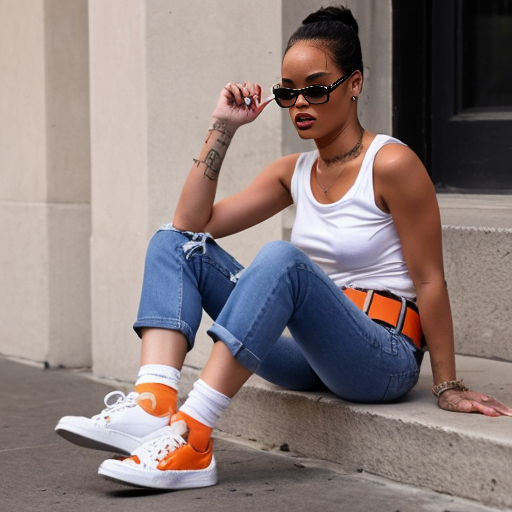 Rihanna orange tanktop belt blue short jeans purple socks orange and white sneakers on a sitting Cloud 