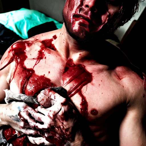 A corpse shirtless man, died, face are hiding by shirt, eye closed, chest opened wounded, blood everywhere.