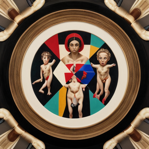 Put surreal Features in a circle consisting of multiple abstract figures in  Miro  and Matisse style