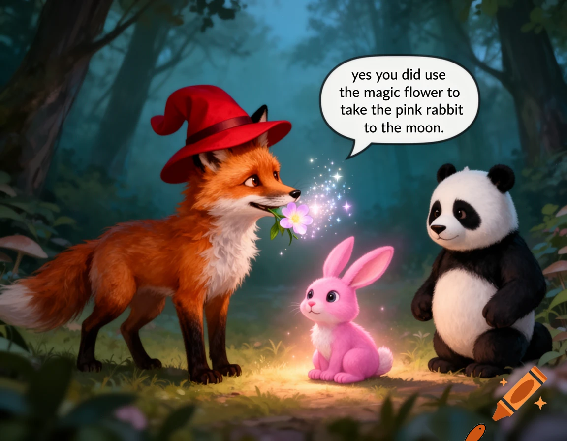 yes you did fox with a red hat you use the magic flower to take the pink rabbit to the moon said the panda tesher