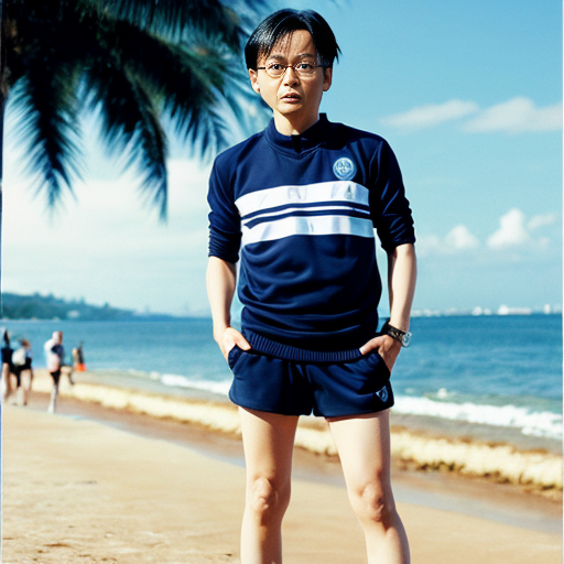 detective conan conan avec un mayo et un short du PSG a la plage