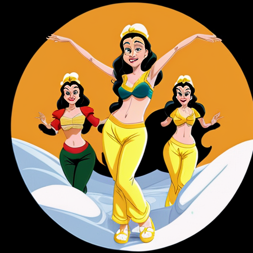 90's disney's 2d aladdin style comic black background and of tiana with dark green harem pants and bra and curved slippers conjoined by the belly of snow white with yellow harem pants and yellow bra and yellow curved slippers both gives a smile and winking their left eye 