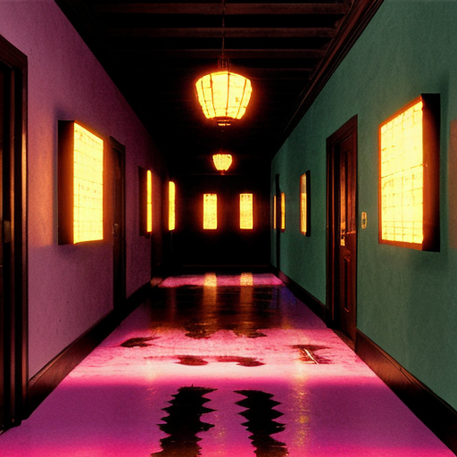 Hyper-realistic, symmetrical deep perspective photograph of a vintage hotel corridor. Saturated magenta-pink floor and cyan-blue walls define the color palette. A row of numbered six-panel doors recedes into the distance. At the far end, centered under a warm golden-yellow lantern fixture, stands a lone, emaciated, monstrous humanoid with pale, mummified features. Crucially, massive, grotesque, dark shadows of multiple-limbed monstrous forms are projected onto the foreground walls on both sides, creating an oppressive atmosphere. Textures are detailed, and the lighting is dramatic and cinematic.