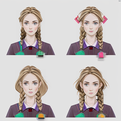 Create an original female character in a vibrant, cartoon style, designed as a professional concept art reference sheet. Include multiple angles: front, back, and 3/4 views, as well as expressive poses showing movement and emotion. Present clean, crisp linework with polished shading and vibrant colors, ensuring each part of the character’s design is clearly visible. Include close-ups of key details such as clothing patterns, accessories, and hair, while keeping proportions stylized but consistent. The composition should resemble a high-quality character reference sheet used in animation or game design, with neat annotations or visual notes showing design elements, color palette swatches, and small accessory details. Lighting should be soft and even to showcase the design clearly, and the overall layout should feel professional, organized, and visually appealing, female, blonde blue and golden translucide extremely glowing hair, wavy long hair, school uniform. Pale skin, tall and slim, elegant tied hair with Braids, sword