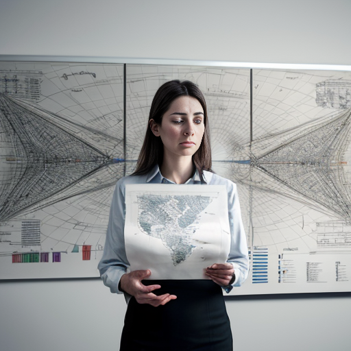 A calm, thoughtful professional woman standing in front of a large abstract map or schematic diagram with blurred and undefined paths, symbolizing uncertainty. She is not stressed, but reflective. Soft lighting, modern office environment, minimalist style, neutral tones. The mood conveys strategic thinking, responsibility, and long-term vision. Professional, realistic illustration or cinematic photography style.