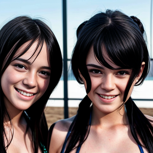 Generate a family photo of 3 triplet girls with black hair in a bikini 